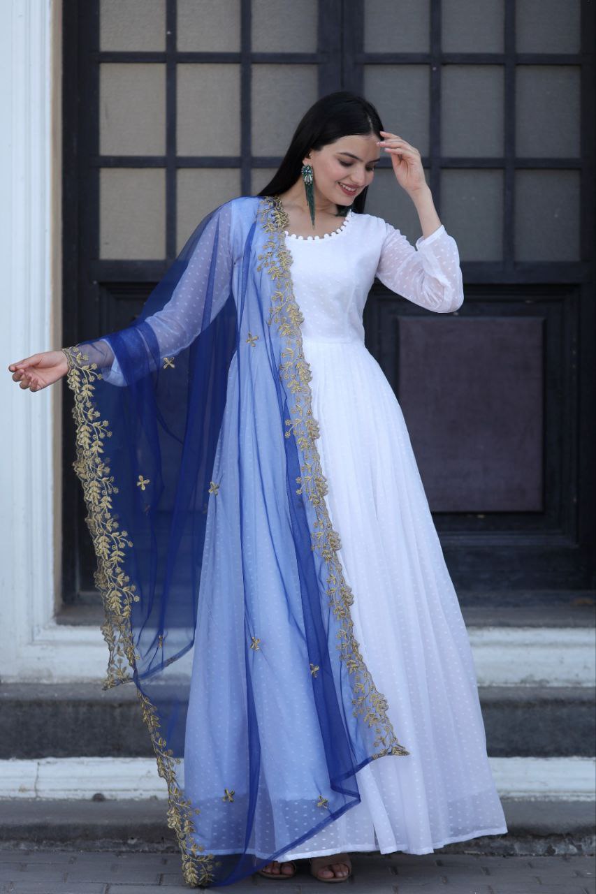 White Butti Faux Georgette Gown with Embroidered beautiful Net Dupatta S-36 BLUE