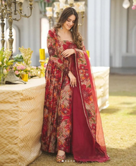 Trending floral print Anarkali set with fancy Jhumka