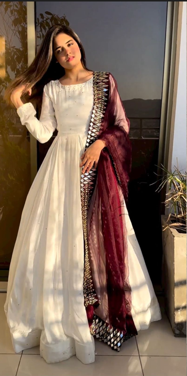 White Umbrella Flare Designer Gown With Dupatta manmohitfashion