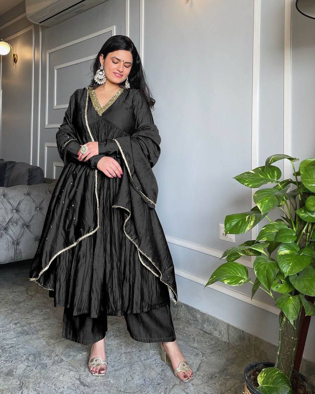 Elegant Black Party Wear Alia Cut Anarkali Gown with Dupatta & Bottom ManMohit Fashion Elegant Black Party Wear Alia Cut Anarkali Gown with Dupatta & Bottom ManMohit Fashion
