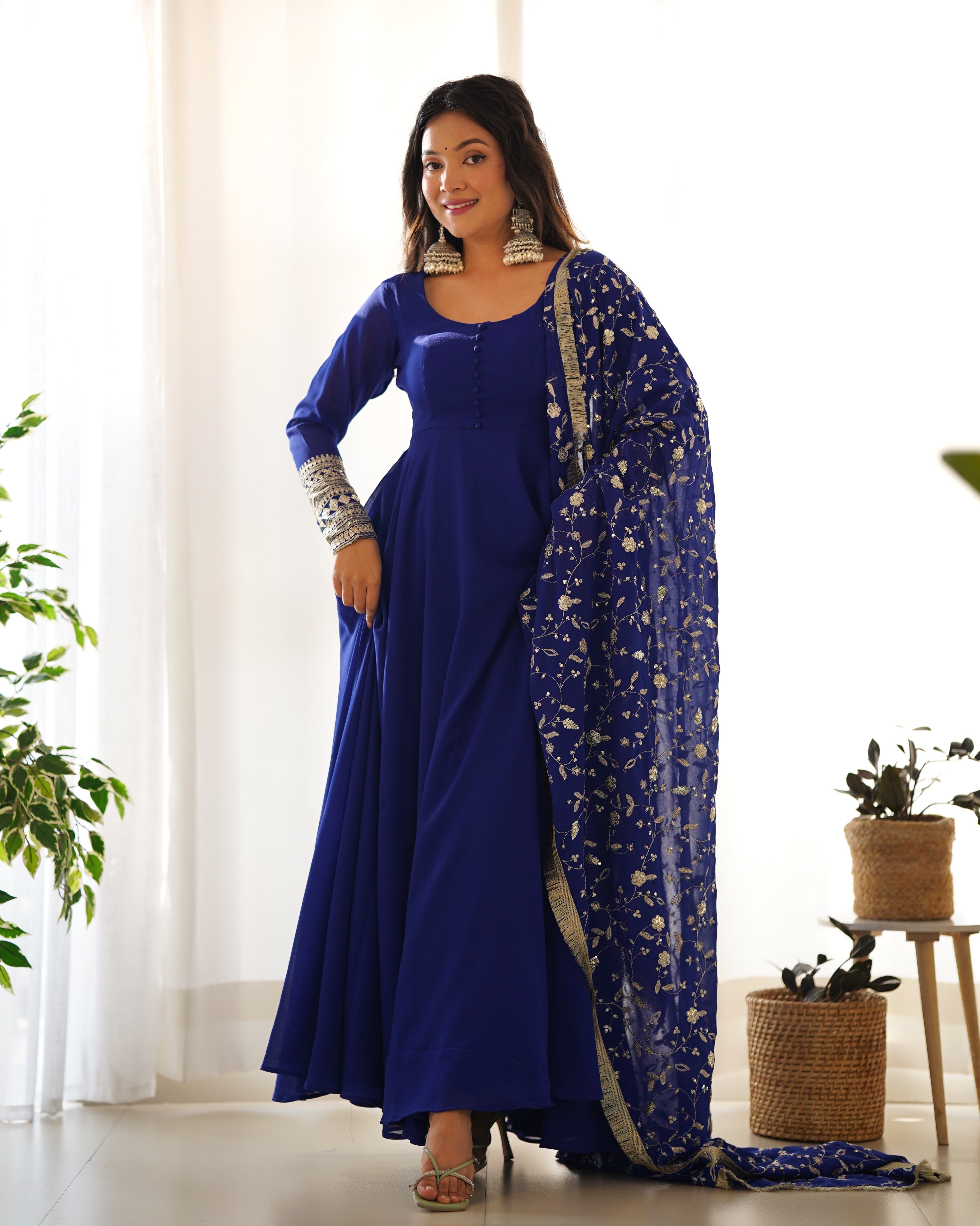 Elegant Blue Georgette Anarkali Gown Set with Dupatta Ready to Wear Elegant Blue Georgette Anarkali Gown Set with Dupatta Ready to Wear