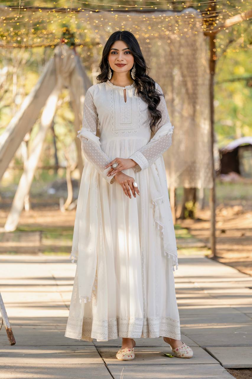Elegant White Buti Faux Georgette Anarkali Gown Set with Dupatta & Bot ManMohit Fashion Elegant White Buti Faux Georgette Anarkali Gown Set with Dupatta & Bot ManMohit Fashion
