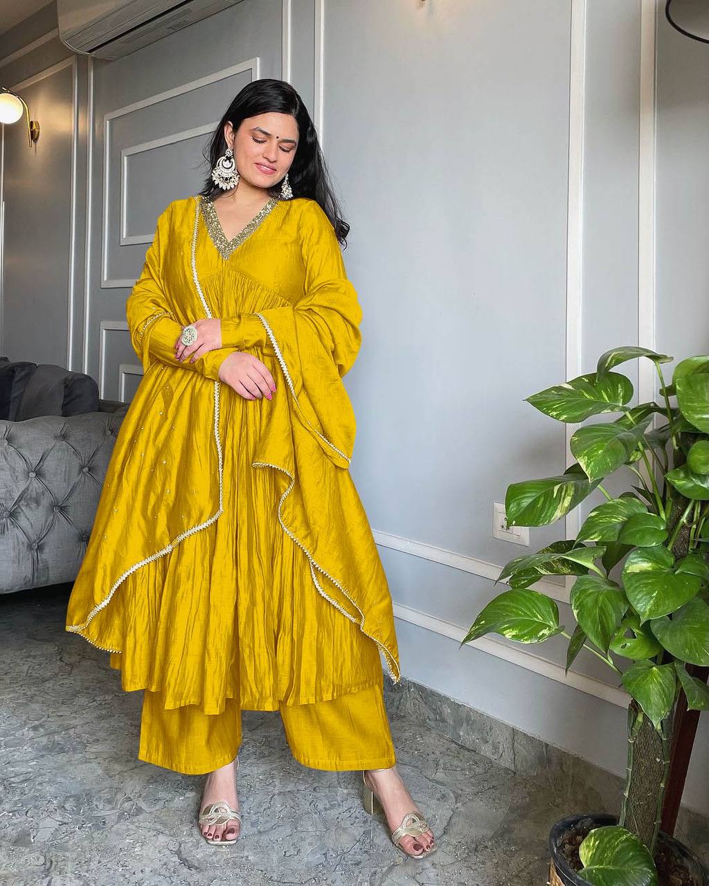 Elegant Yellow Party Wear Alia Cut Anarkali Gown with Dupatta & Bottom ManMohit Fashion Elegant Yellow Party Wear Alia Cut Anarkali Gown with Dupatta & Bottom ManMohit Fashion