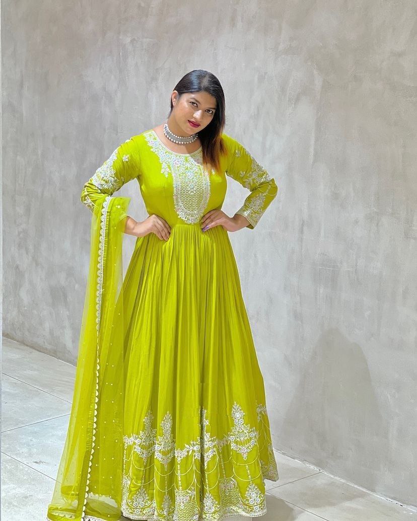 Parrot Green Fox Georgette Gown with Sequin Embroidered Dupatta ManMohit Fashion Parrot Green Fox Georgette Gown with Sequin Embroidered Dupatta ManMohit Fashion
