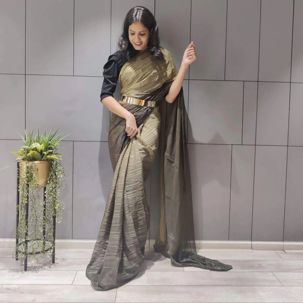 Ready to Wear Chiffon Saree with Metal Belt DARKKHAKI