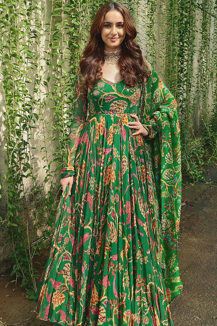 Green butter silk floral printed party wear long anarkali suit Manmohitfashion ManMohit Fashion