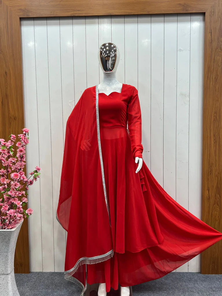 Red Anarkali Gown Pant Set With Dupatta XS (34)