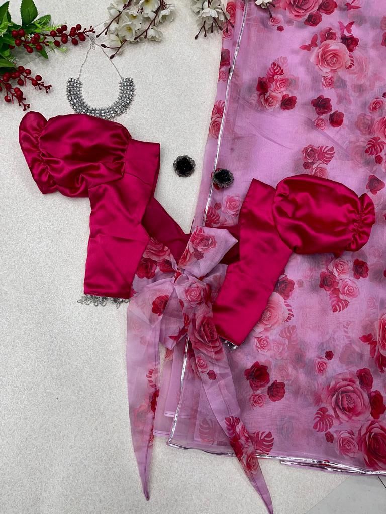 organza silk digital printed saree with designer lace border