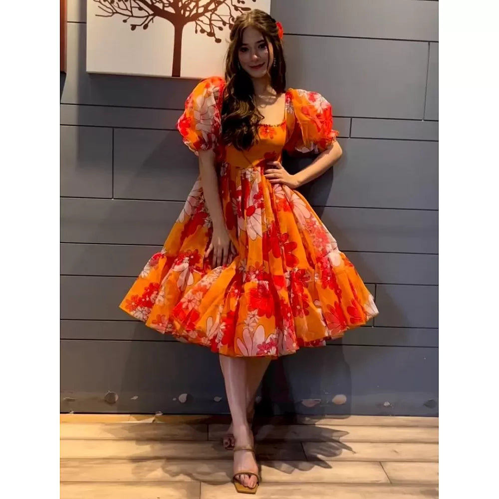 Orange organza floral printed ruffle stitched frock