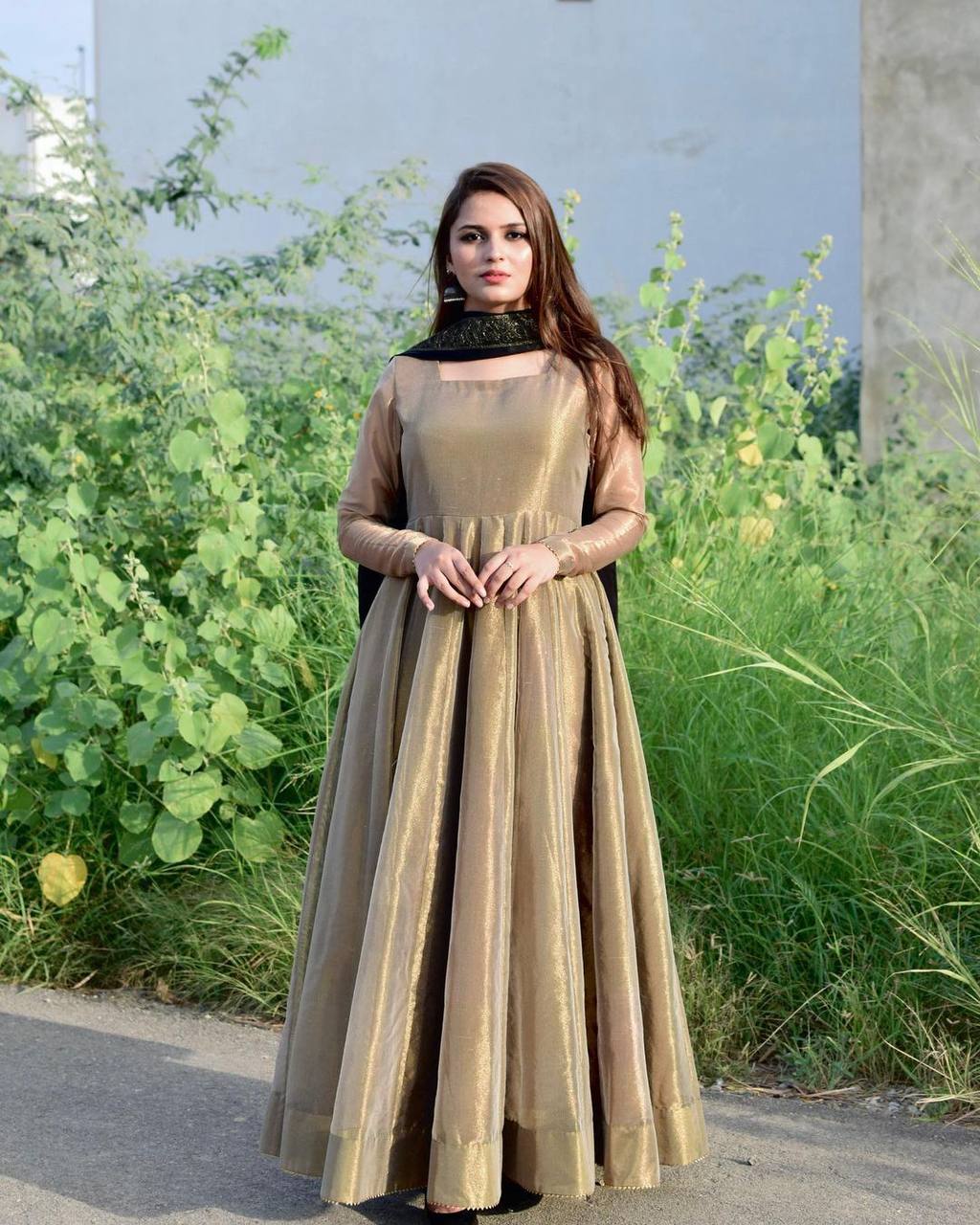 anarkali dress gold Peach Gold anarkali suit with sequins