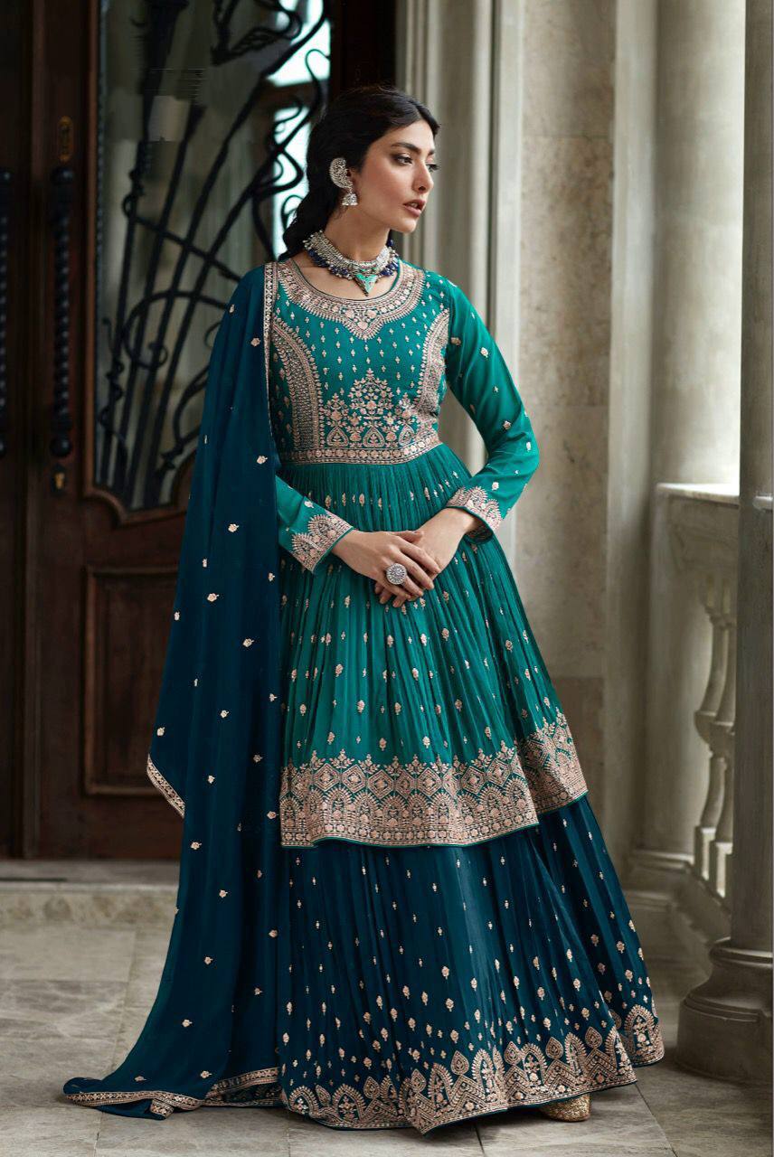 Wedding Long Lehenga Dress Pine Green Long Choli With Crushed Lehenga ManMohit Fashion Wedding Long Lehenga Dress Pine Green Long Choli With Crushed Lehenga ManMohit Fashion