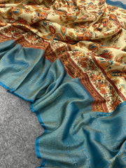Firozi Color Digitally Printed Soft Silk Saree