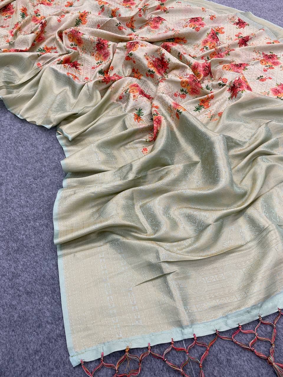 Pista Color Digitally Printed Soft Silk Saree