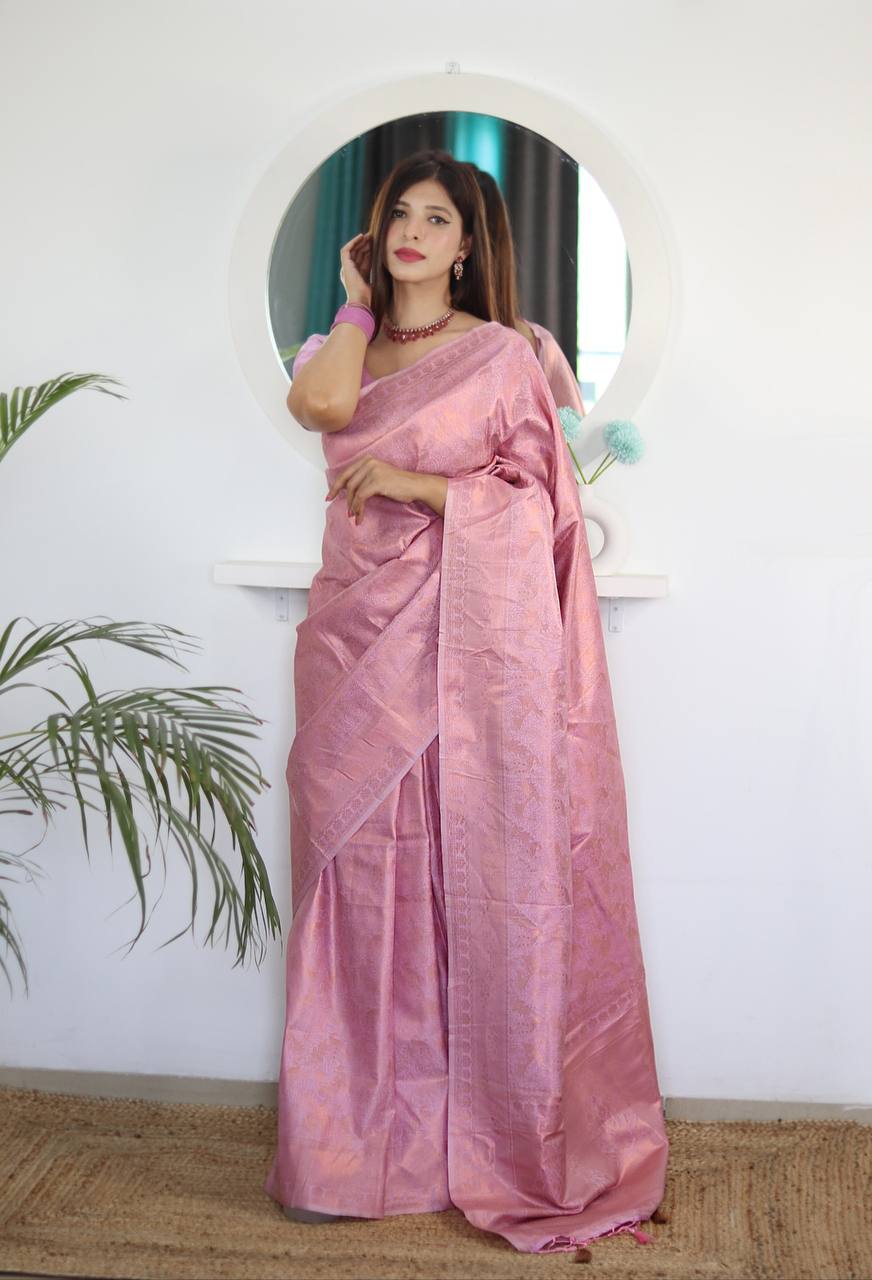 Ultra Satin Pure Rose Pink Color Banarasi Silk Saree