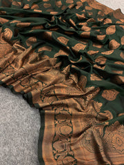 Dark Green Color Ultra Satin Pure Banarasi Silk Saree