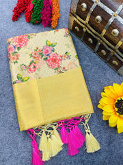 Yellow Digitally Printed Soft Silk Saree