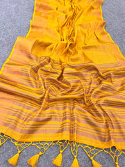 Yellow Pure Linen Cotten Saree