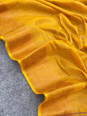 Yellow Pure Linen Cotten Saree