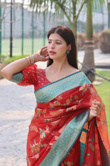 Red Colour Soft Organza Saree With Heavy Brocade Blouse