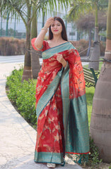 Red Colour Soft Organza Saree With Heavy Brocade Blouse