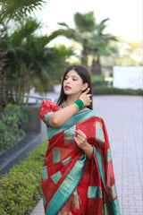 Red Colour Soft Organza Saree With Heavy Brocade Blouse
