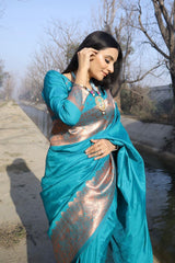 Firozi Colour Saree With Heavy Brocade Blouse