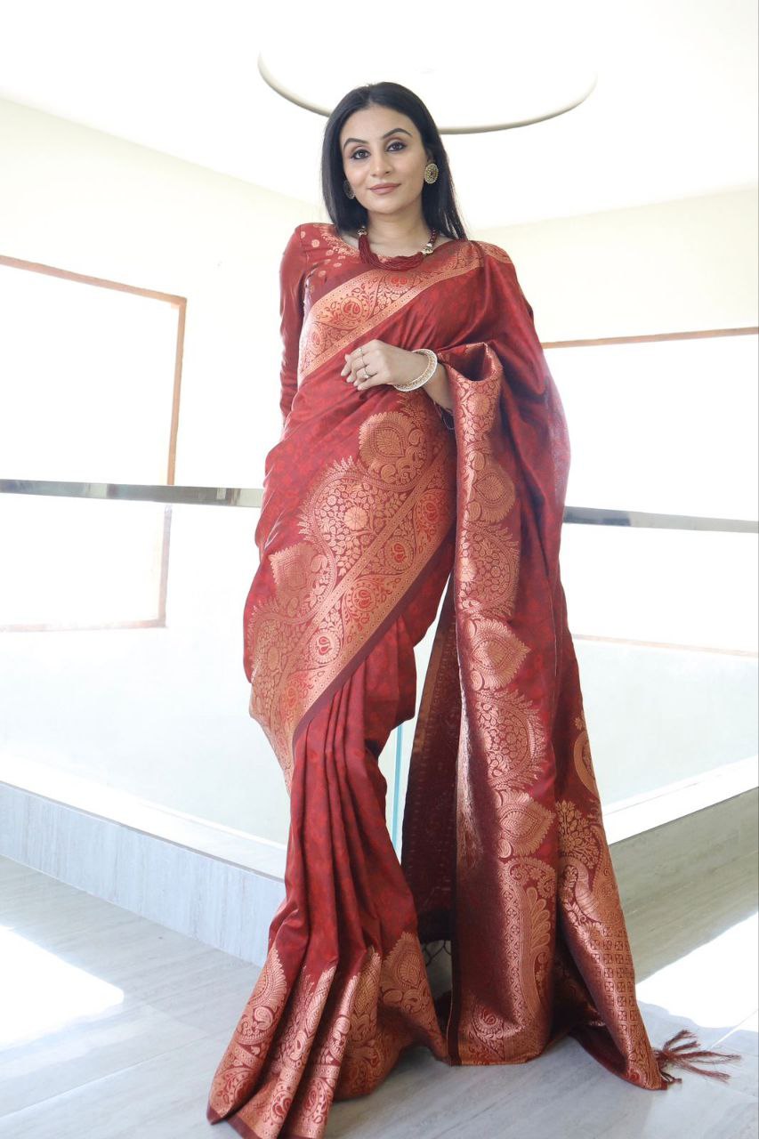 Maroon Colour Saree With Heavy Brocade Blouse