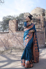 Rama Colour Saree With Heavy Brocade Blouse