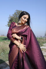 Wine Colour Saree With Heavy Brocade Blouse