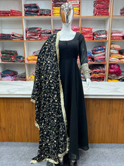 Black Georgette Party Wear Anarkali With Heavy Jaal Dupatta And Pant