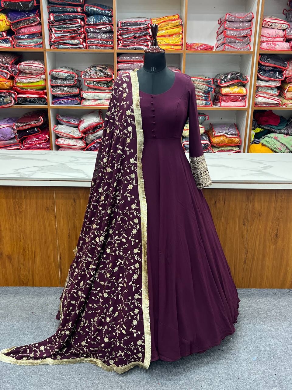 Wine Georgette Party Wear Anarkali With Heavy Jaal Dupatta And Pant