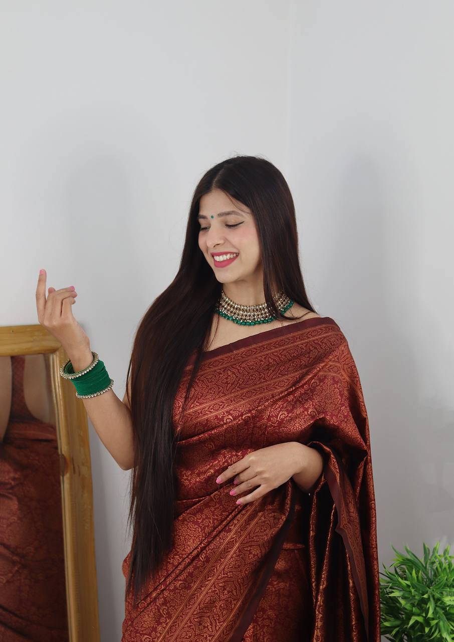 Maroon Colour Saree With Heavy Brocade Blouse