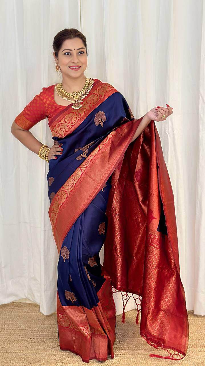 Blue Colour Saree With Heavy Brocade Blouse