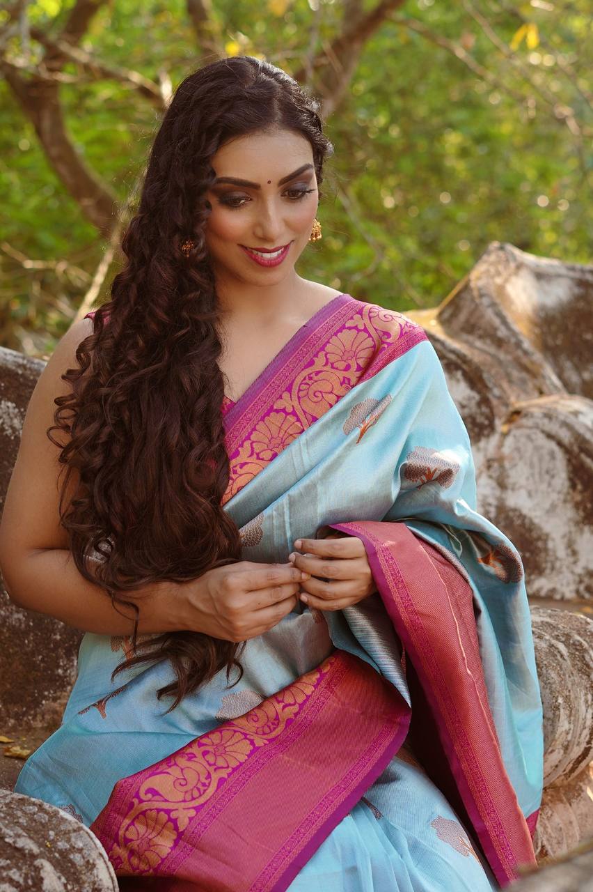 Firozi Colour Saree With Heavy Brocade Blouse