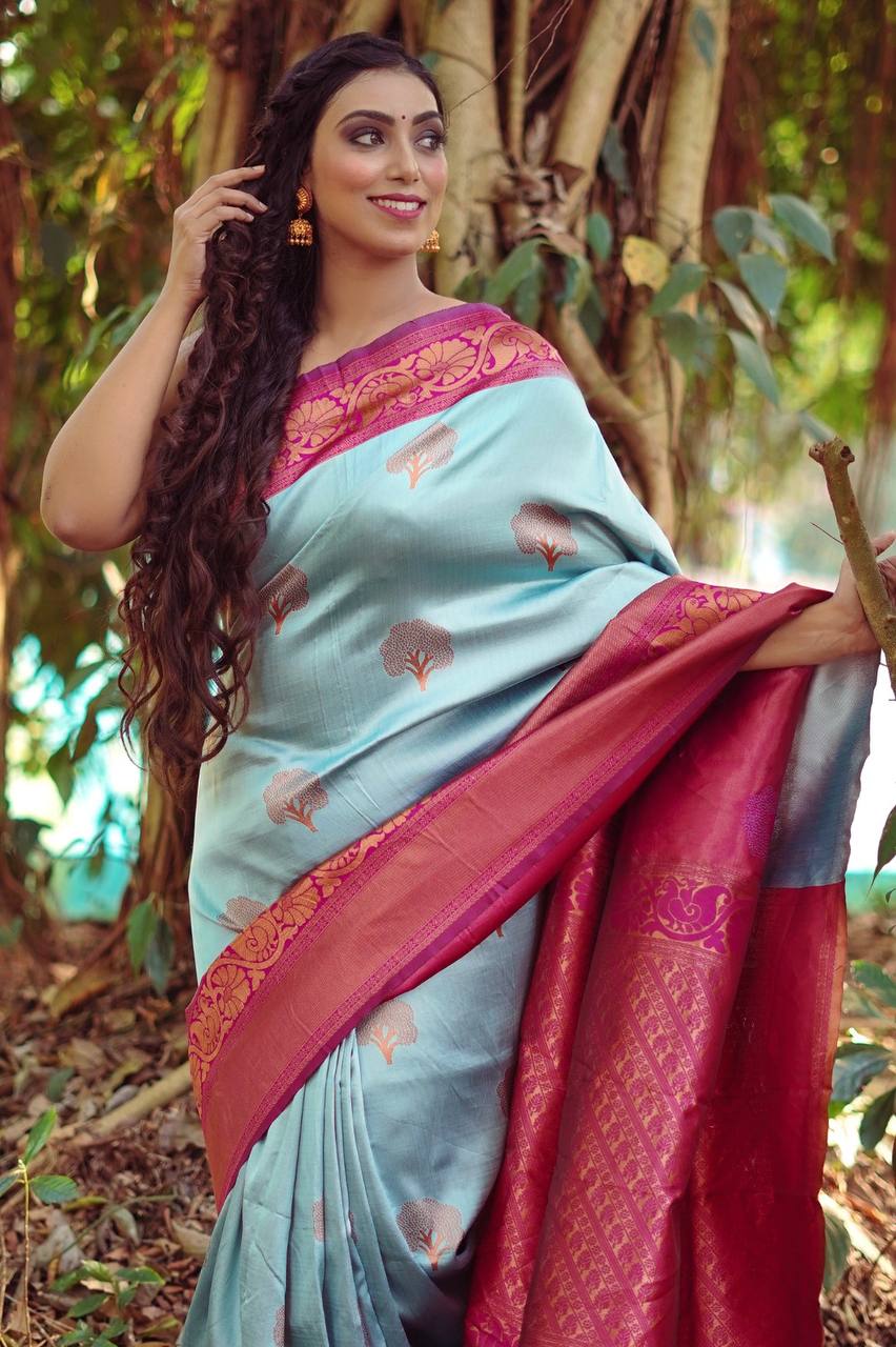 Firozi Colour Saree With Heavy Brocade Blouse
