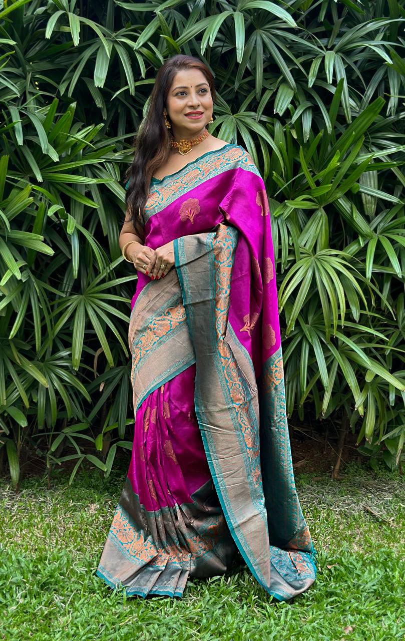 Magenta Colour Saree With Heavy Brocade Blouse