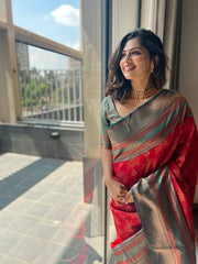 Red Colour Saree With Heavy Brocade Blouse