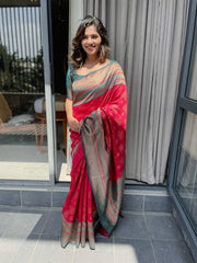 Red Colour Saree With Heavy Brocade Blouse