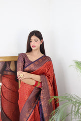 Red & Navy Blue Colour Saree Comes With Heavy Brocade Blouse