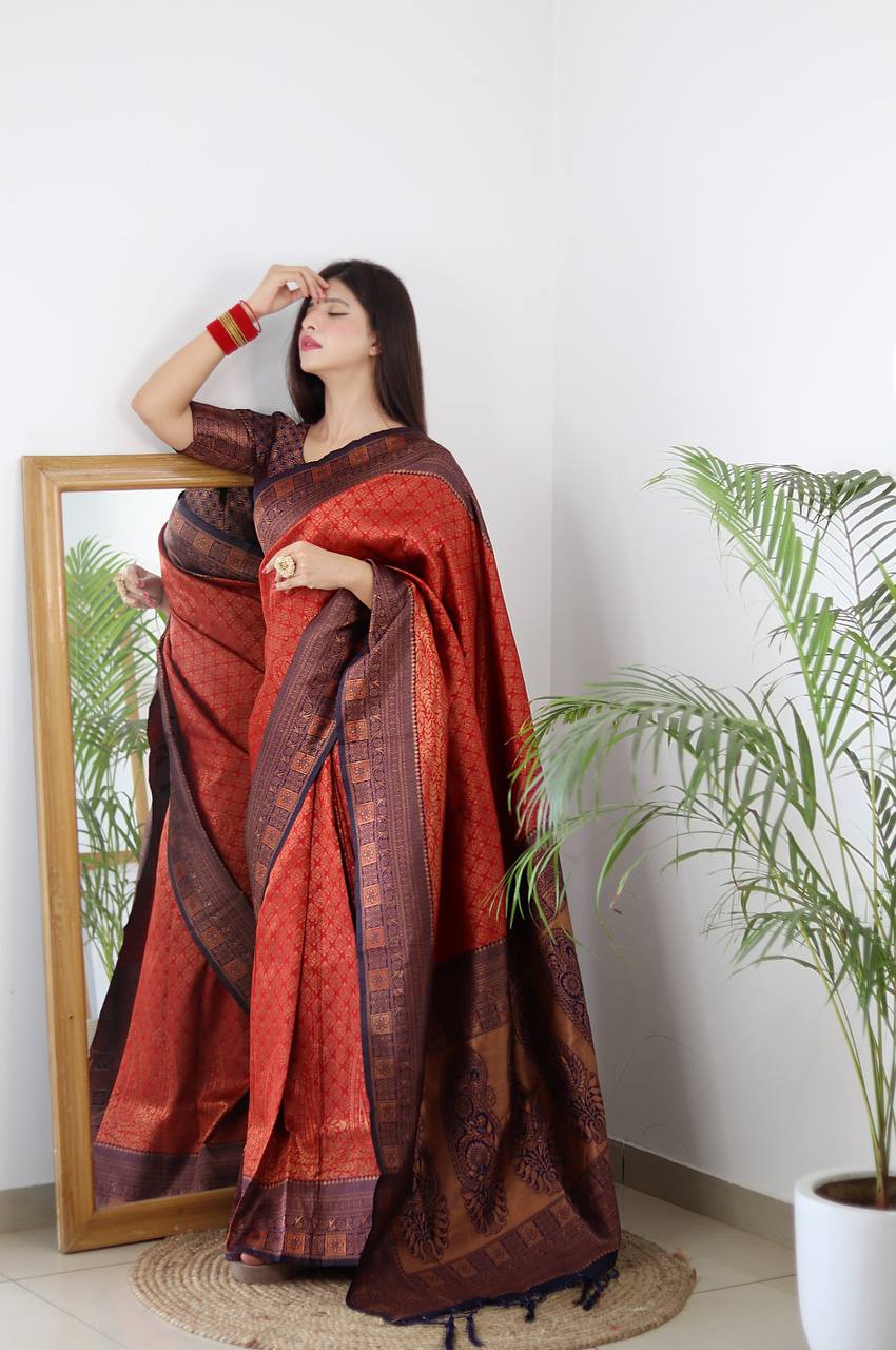 Red & Navy Blue Colour Saree Comes With Heavy Brocade Blouse