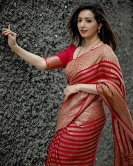 Red Colour With Copper Zari Weaving 