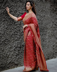 Red Colour With Copper Zari Weaving 