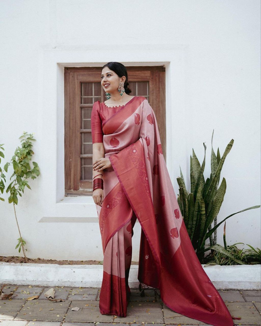 Pink Colour Saree With Heavy Brocade Blouse