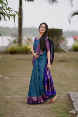 Rama With Royal Blue Colour Pure Semi Silk Saree With Heavy Brocade Blouse