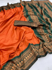 Orange And Dark Green Attractive Pure Semi Silk Saree