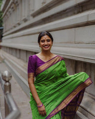 Green And Purple Attractive Pure Semi Silk Saree
