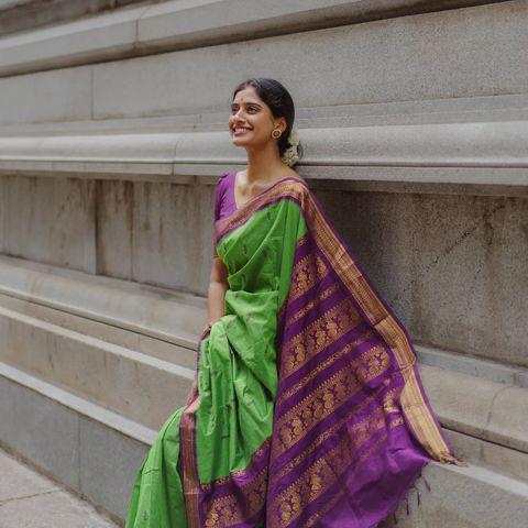 Green And Purple Attractive Pure Semi Silk Saree
