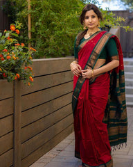 Red With Dark Green Attractive Pure Semi Silk Saree