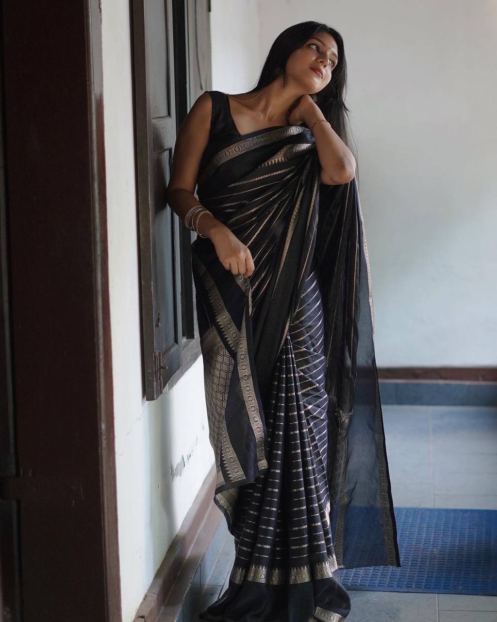 Black Colour Pure Semi Silk Saree With Heavy Brocade Blouse