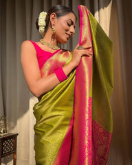 Lime And Pink Colour Pure Semi Silk Saree With Heavy Brocade Blouse